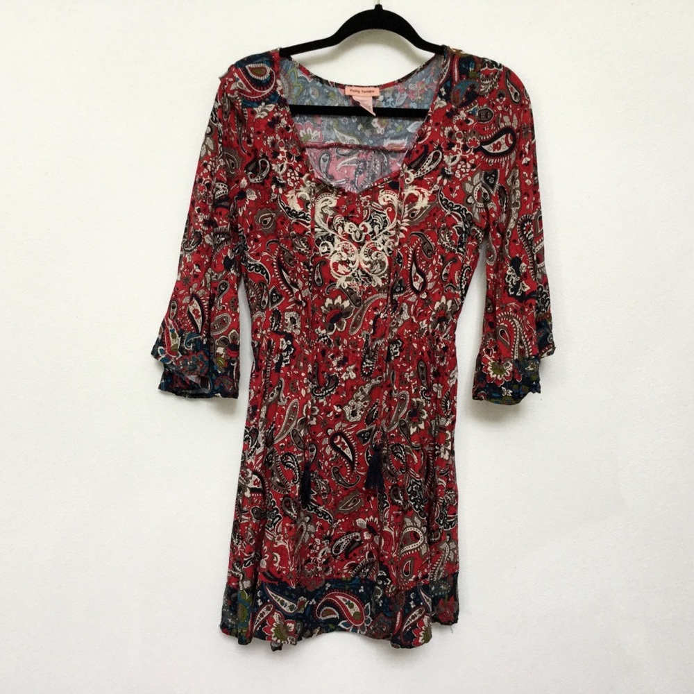Flying Tomato Red, Navy Paisley Print Bell Sleeve Dress Size L Tie At Chest